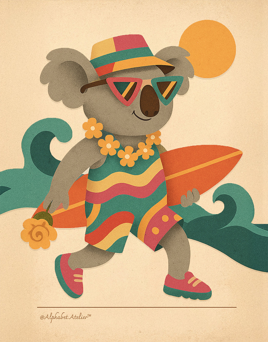 Keen Koala Goes Surfing | Whimsical Animal Art Print