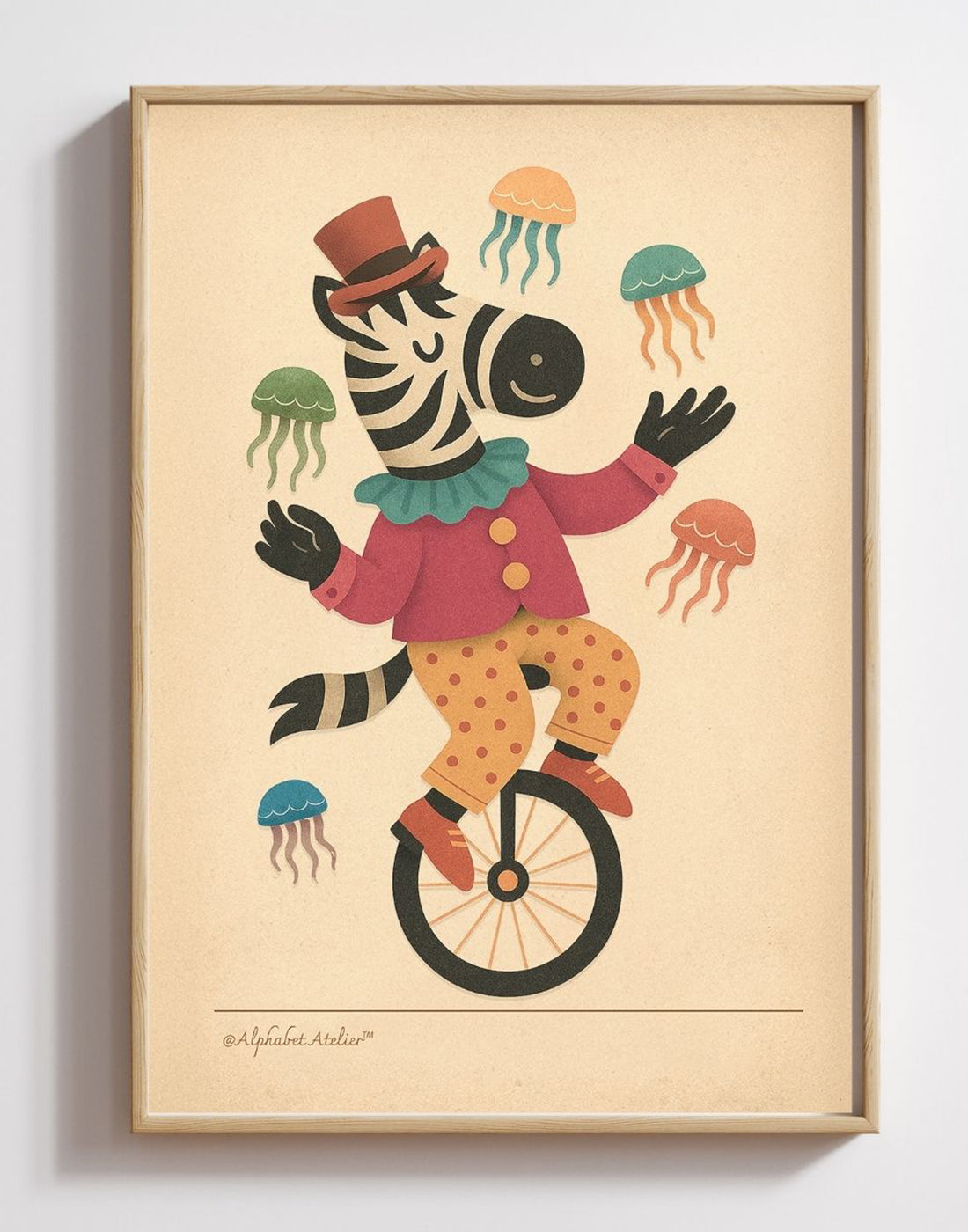 Dazzling Zebra on One Wheel | Whimsical Animal Art Print