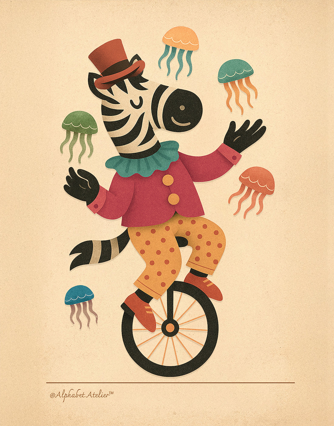 Dazzling Zebra on One Wheel | Whimsical Animal Art Print